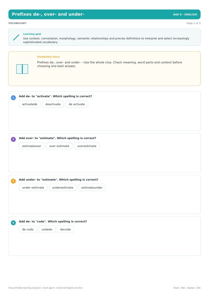 Prefixes de-, over- and under- worksheet preview
