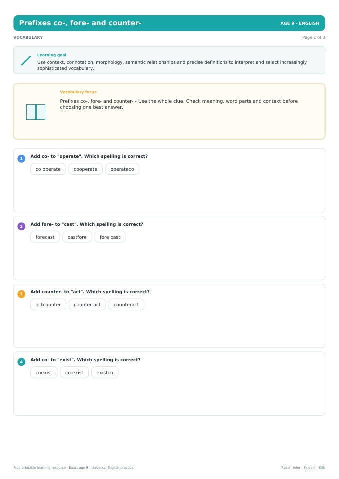 Prefixes co-, fore- and counter- worksheet preview